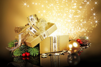 Картинка праздничные подарки+и+коробочки мишура ветка шарика подарок