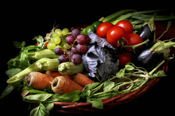 обоя еда, фрукты и овощи вместе, баклажаны, кабачки, капуста, томаты, виноград