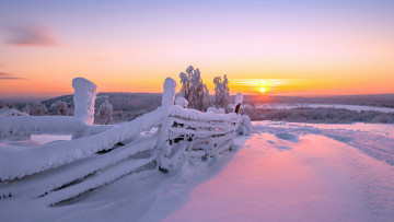 Картинка природа зима рассвет снег забор