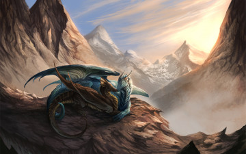 Картинка фэнтези драконы свет пара горы снег