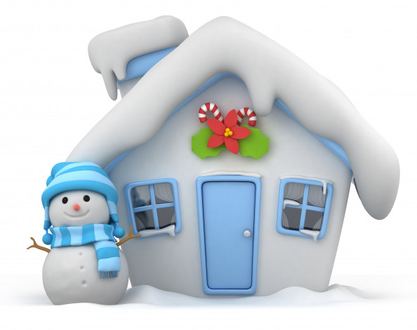 Обои картинки фото праздничные, 3д графика , новый год, дом, снеговик