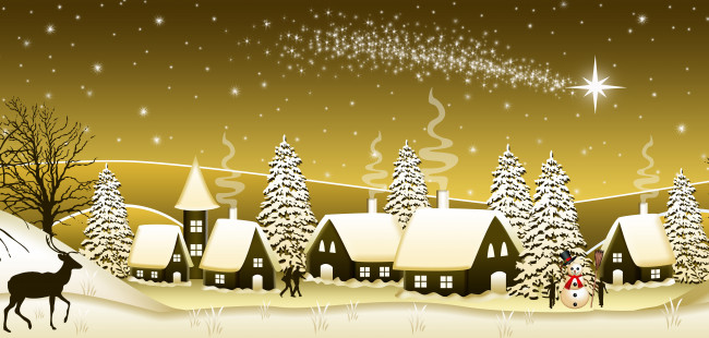 Обои картинки фото праздничные, векторная графика , новый год, дома, ночь, огни, снеговик, ели