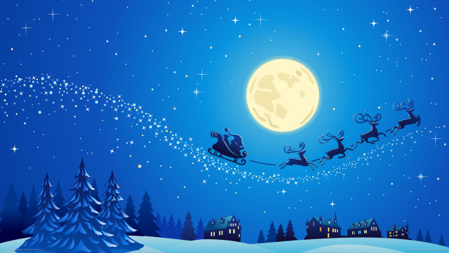 Обои картинки фото праздничные, векторная графика , новый год, дома, ели, снег, олени, звезды, луна