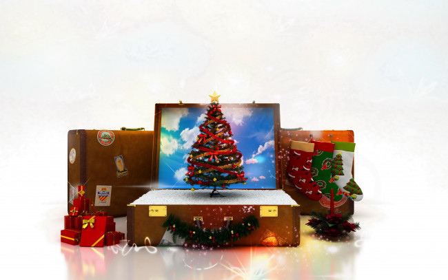Обои картинки фото праздничные, 3д графика , новый год, новый, год, елка, украшения, подарки, чемодан