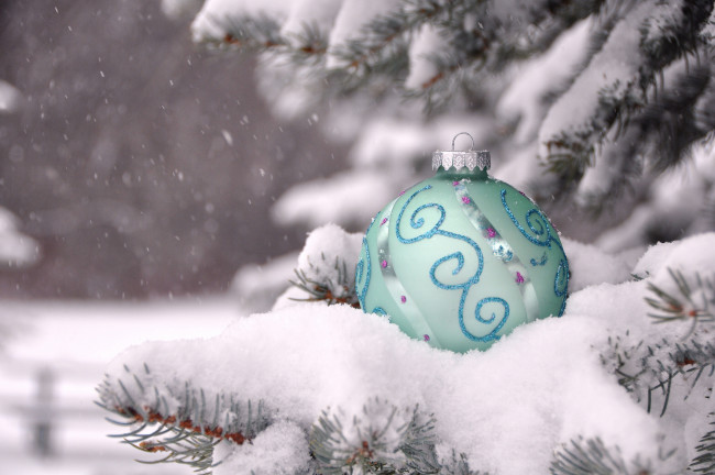 Обои картинки фото праздничные, шарики, снег, игрушка, ветки, зима