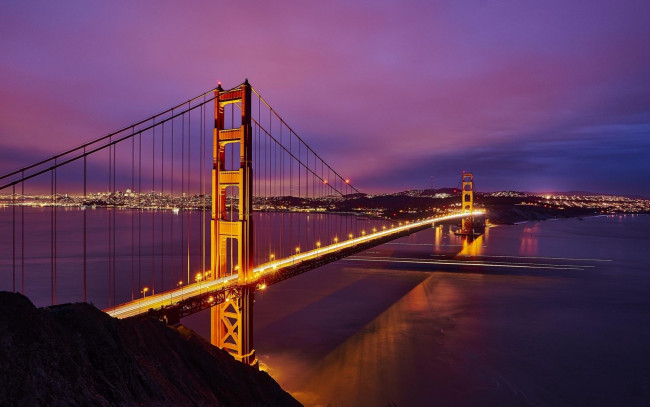 Обои картинки фото города, - мосты, закат, вечер, город, огни, берега, река, мост
