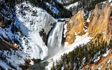 Картинка природа водопады поток снег лес горы