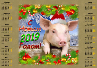 Картинка календари праздники +салюты свинья поросенок узор игрушка ветка шапка