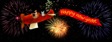 Картинка праздничные векторная+графика+ новый+год коты полет самолет