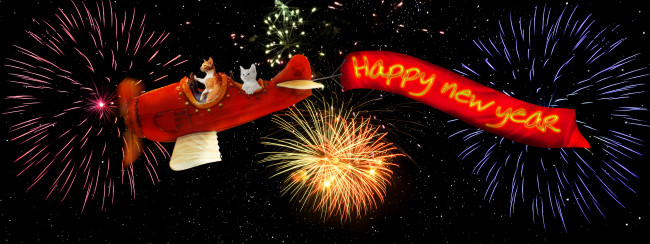 Обои картинки фото праздничные, векторная графика , новый год, коты, полет, самолет