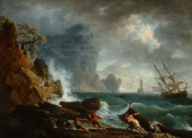 Обои картинки фото claude joseph vernet, рисованное, живопись, маурицхeйс, верне, клод, жозеф, итальянский, залив, в, штормовую, погоду, claude, joseph, vernet