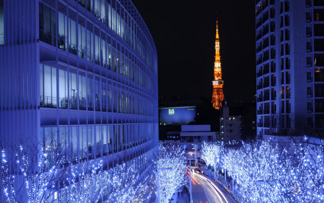 Обои картинки фото города, токио, Япония, ночь, дорога, дома