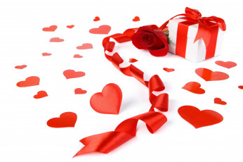 обоя праздничные, день св,  валентина,  сердечки,  любовь, роза, лента, бант, сердечки, подарок