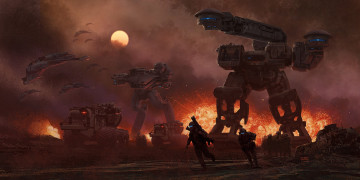 Картинка фэнтези роботы +киборги +механизмы шагающие техника солдаты будущее битва сражение
