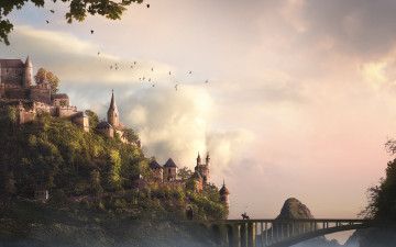 Картинка фэнтези замки замок небо пейзаж всадник