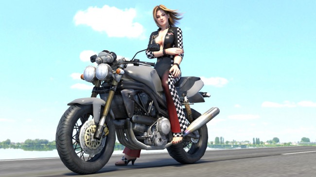 Обои картинки фото мотоциклы, 3d, мотоцикл, девушка
