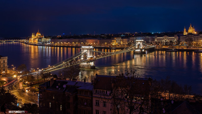 Обои картинки фото города, будапешт , венгрия, река, мост, ночь