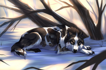 обоя рисованное, животные,  собаки, деревья, собака, снег