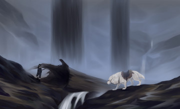 обоя рисованное, животные, мальчик, собака, водопад