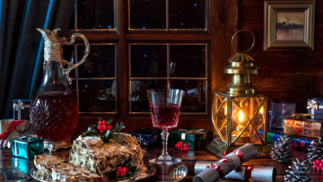 Картинка праздничные угощения фонарь подарки пирог хлопушки шишки