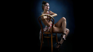 Картинка девушки -unsort+ брюнетки темноволосые ноги платье стул женщина темный фон