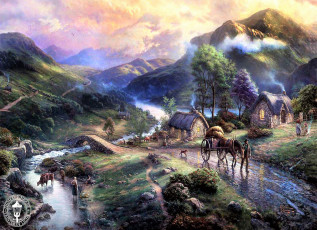 Картинка рисованное thomas+kinkade дома горы речка мост повозка