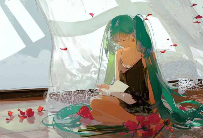 Обои картинки фото аниме, vocaloid, девушка, книга, цветы