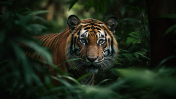 Картинка 3д+графика животные+ animals взгляд тигр морда хищник цифровое искусство большая кошка бенгальский ии-арт