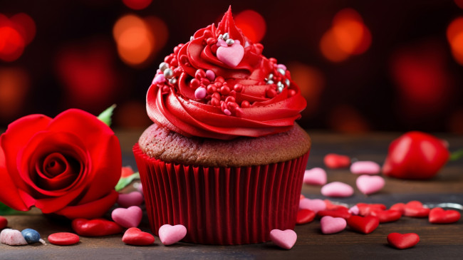 Обои картинки фото 3д графика, другое , other, кекс, крем, розы, сердечки, десерт