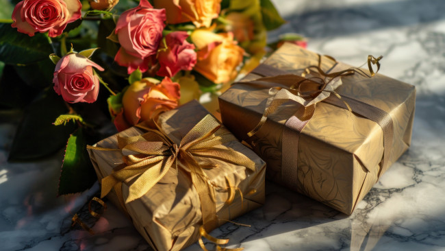 Обои картинки фото праздничные, подарки и коробочки, цветы, праздник, подарок, розы, свеча, букет, свечи, бант