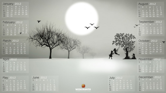 Обои картинки фото календари, рисованные, векторная, графика, птицы, качели, дети, деревья