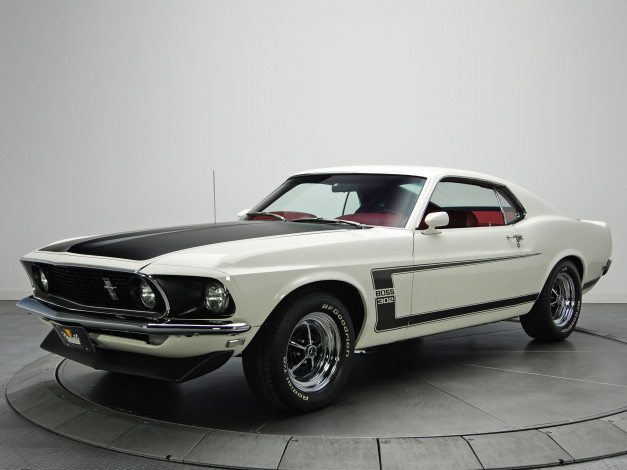 Обои картинки фото автомобили, mustang, белый, мускул, кар, ford, muscle, car, 1969, 302, boss, мустанг, форд, white