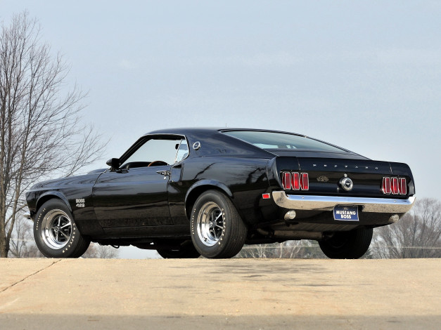 Обои картинки фото автомобили, mustang, форд, 429, boss, черный, сзади, мустанг, мускул, кар, black, muscle, car, 1969, ford
