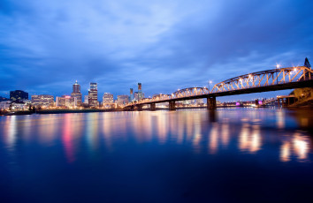 Картинка portland +oregon города -+мосты сша орегон портленд вечер освещение огни мост река синее небо