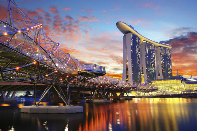 Обои картинки фото singapore, города, сингапур , сингапур, набережная, вода, небоскребы, отражение, вечер, зарево, marina, bay, sands