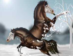 обоя рисованное, животные,  лошади, снег, лошади