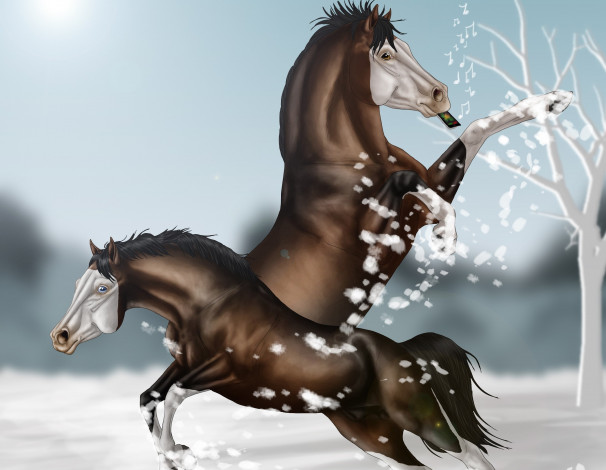 Обои картинки фото рисованное, животные,  лошади, снег, лошади