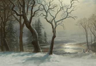 обоя рисованное, природа, картина, пейзаж, снег, альберт, бирштадт, деревья, река, зима, в, йосемити