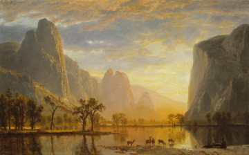 Картинка рисованное живопись животные озеро картина долина йосемити альберт бирштадт горы пейзаж