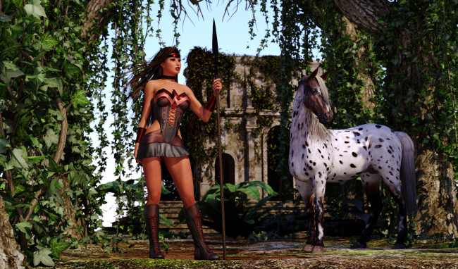 Обои картинки фото 3д графика, амазонки , amazon, взгляд, фон, девушка, лошадь