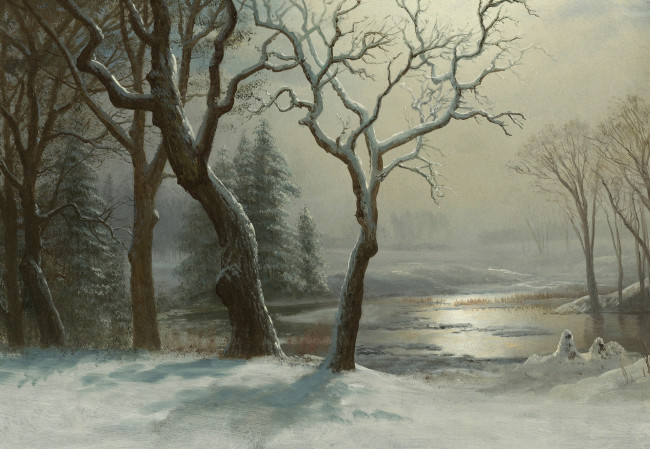 Обои картинки фото рисованное, природа, картина, пейзаж, снег, альберт, бирштадт, деревья, река, зима, в, йосемити