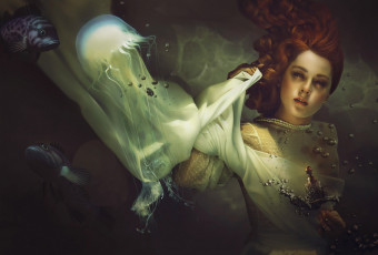 Картинка фэнтези фотоарт девушка фон взгляд медуза рыба