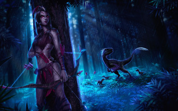 Картинка фэнтези красавицы+и+чудовища девушка лес фон динозавр стрела лук