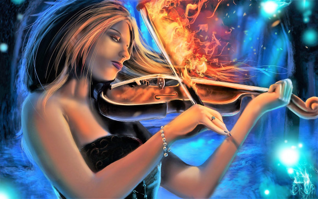 Обои картинки фото фэнтези, девушки, девушка, музыка, скрипка, огонь