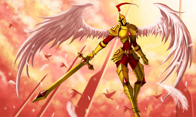 Обои картинки фото видео игры, league of legends, девушка, крылья, фон, латы, меч