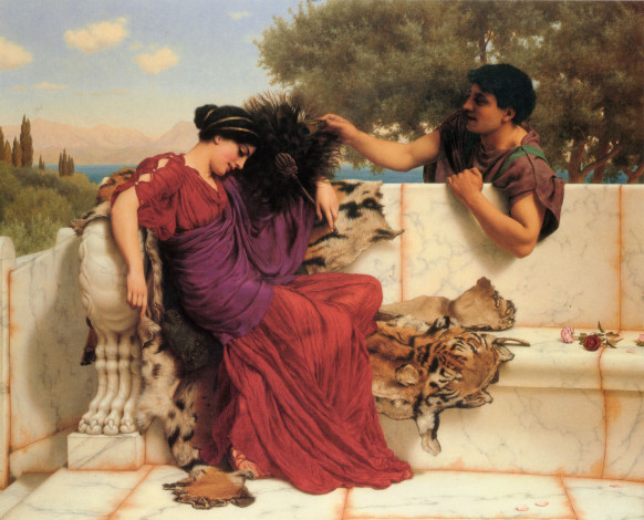 Обои картинки фото рисованное, john william godward, женщина, мужчина, веер, шкура, скамья