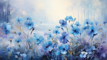 обоя рисованное, цветы, природа, весна, голубые, живопись, анютины, глазки, клумба, синие