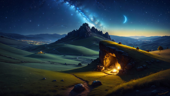 Обои картинки фото рисованное, природа, cave, night, landscape, starry, sky, nature