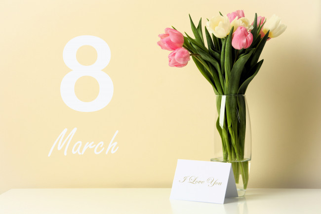 Обои картинки фото праздничные, международный женский день - 8 марта, тюльпаны, ваза, открытка
