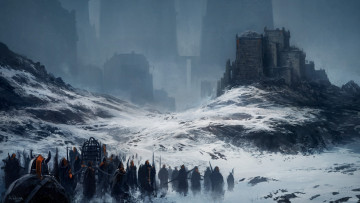 Картинка фэнтези иные миры времена воины город горы снег